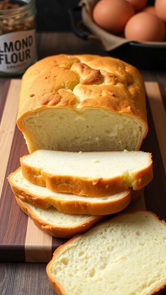 A loaf of keto bread sliced on a cutting board, showcasing its fluffy texture, with almond flour and eggs in the background.